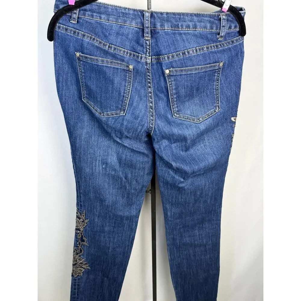 Christopher & Banks Embellished Sequin Floral Jeans Blue Stretch Mid Rise Size 4